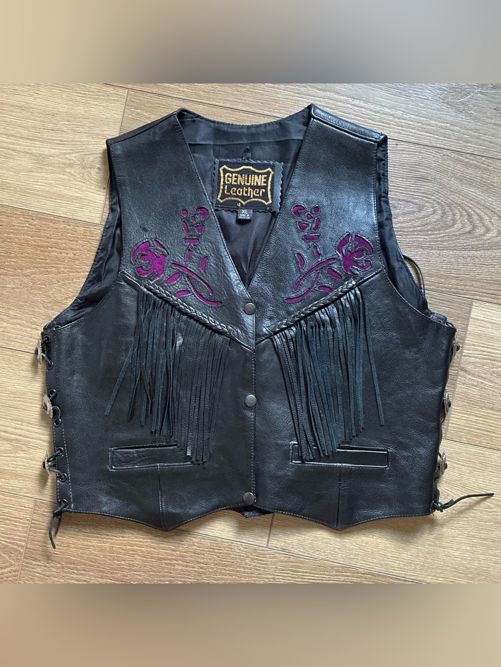 Vintage Black Biker leather purple rose fringe vest